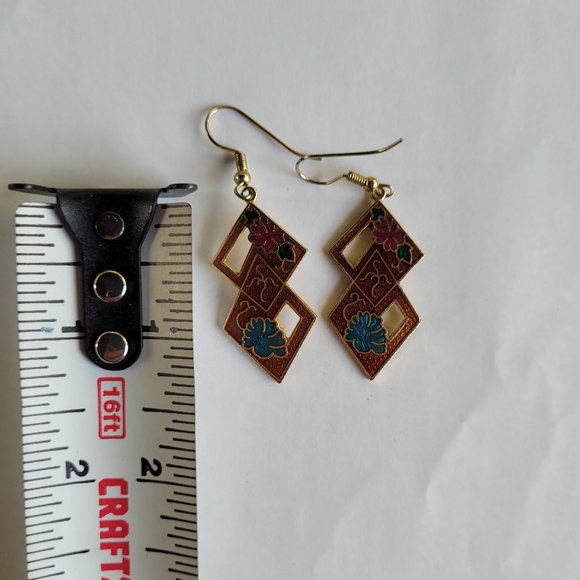 Vintage 80s Dangle Cloisonne Floral Geometric Asian Motif Earrings - Picture 5 of 5